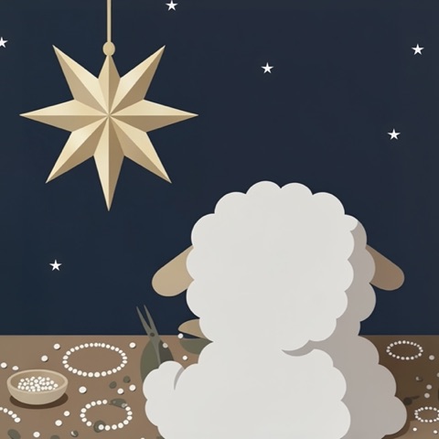 星の下でビーズ作りをするひつじの後ろ姿のイラスト